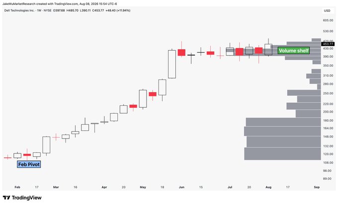 A TradingView candlestick chart of Dell Technologies (DELL) on NYSE shows a strong uptrend from a "Feb Pivot" near $130 to current levels around $453.77, with a "Volume shelf" highlighted near the $410-430 range suggesting consolidation before a potential breakout launch.