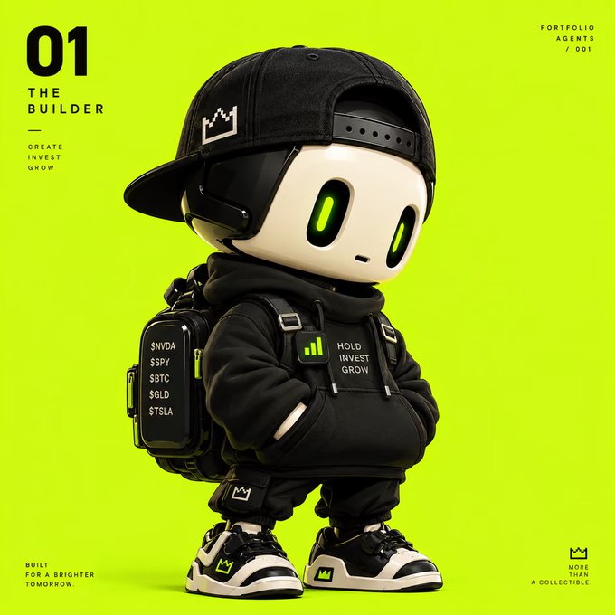 A 3D-rendered character named 'The Builder' wears a black cap, a backpack listing tickers ($NVDA, $SPY, $BTC, $GLD, $TSLA), and a hoodie reading 'HOLD INVEST GROW' against a neon green background, labeled as 'Portfolio Agents / 001'.