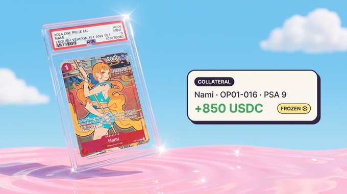 A One Piece PSA 9 Nami card (OP01-016) sits in a protective slab alongside a digital interface showing a +850 USDC collateral position labeled "FROZEN," visually promoting MLKY's service that lets collectors borrow USDC against their trading cards without ever having to sell or relinquish possession of them.