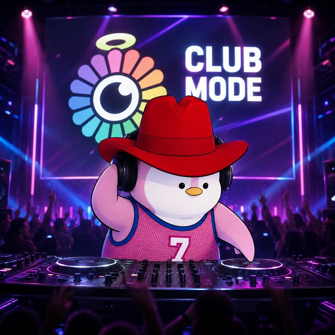 An illustration of a penguin character wearing a red cowboy hat, headphones, and a pink jersey with the number 7, DJing at a club with 'CLUB MODE' displayed on a screen behind it.