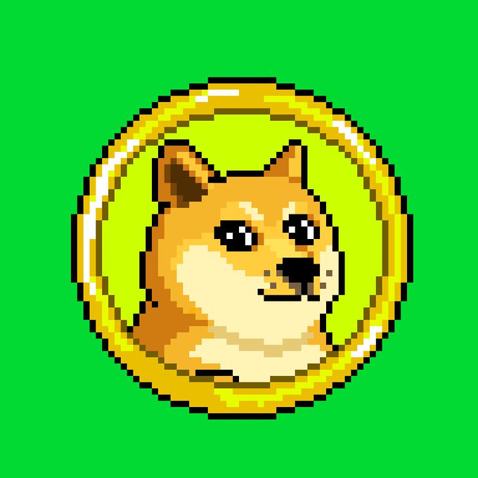 Pixel art of a Shiba Inu dog inside a gold coin against a green background.