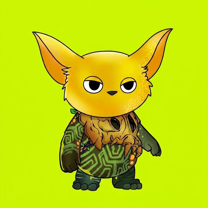A cartoon-style drawing of a yellow cat-like creature with large pointed ears, wearing an ornate patterned outfit, standing against a bright lime green background.