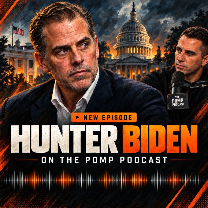 The graphic promotes a new episode of "The Pomp Podcast" featuring Hunter Biden, with text reading "NEW EPISODE - HUNTER BIDEN ON THE POMP PODCAST" against a backdrop of the U.S. Capitol and the White House, tying into the post's teaser about Hunter Biden sharing his thoughts on the Biden administration's crypto policies.