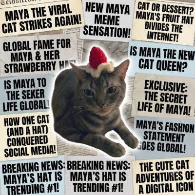 A meme collage centered on a grey cat wearing a red and white Santa hat, with headlines like 'MAYA THE VIRAL CAT STRIKES AGAIN!' and 'NEW MAYA MEME SENSATION!'