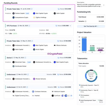 A screenshot from CryptoPatel showing funding rounds, project valuation (~$50M), and token allocation details for a crypto project on the @CryptoPatel platform.