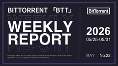 The image features a poster for a BitTorrent Weekly Report, which was released on May 25, 2016. The poster displays the title "Weekly Report" written in white text against a dark purple background. Below this title, there are two lines of white text that read "The BitTorrent ecosystem continues to build serious momentum". This indicates that the report is about the progress and growth of the BitTorrent platform over time.