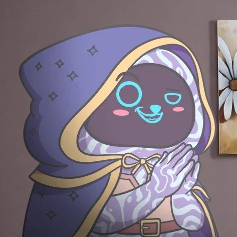 A cartoon illustration shows a hooded, cloaked character with a blue glowing monocle and smiling face.