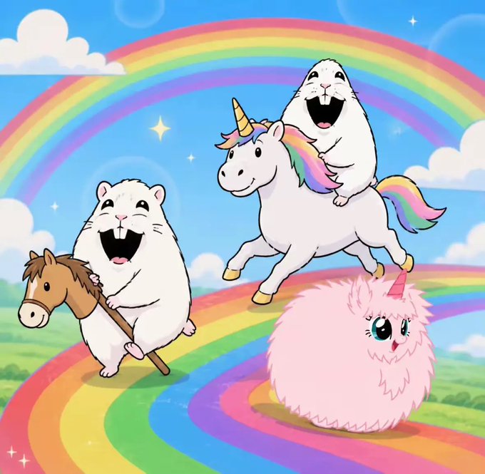 A whimsical cartoon illustration of two hamsters riding horses and a unicorn across a rainbow landscape, accompanied by a pink fluffy ball creature.