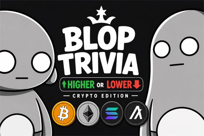 Logo for 'BLOP TRIVIA - Higher or Lower - Crypto Edition' featuring cartoon gray characters and icons for Bitcoin, Ethereum, Solana, and another cryptocurrency.