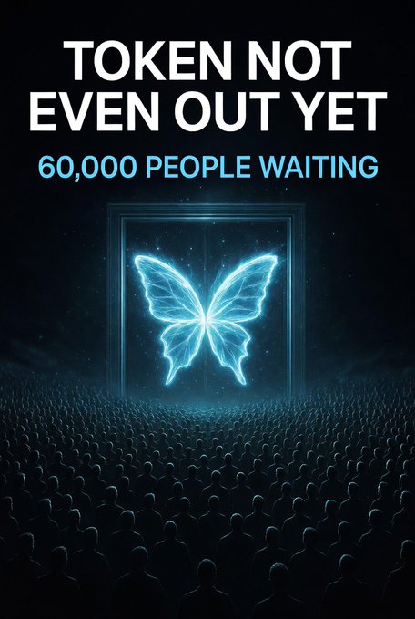 A glowing blue butterfly emerges from a portal above a massive silhouetted crowd, with bold text reading "TOKEN NOT EVEN OUT YET" and "60,000 PEOPLE WAITING" — visually reinforcing the post's message that Quip Network's massive pre-launch community of 60,000+ eager participants is a strong bullish signal before the token even drops.