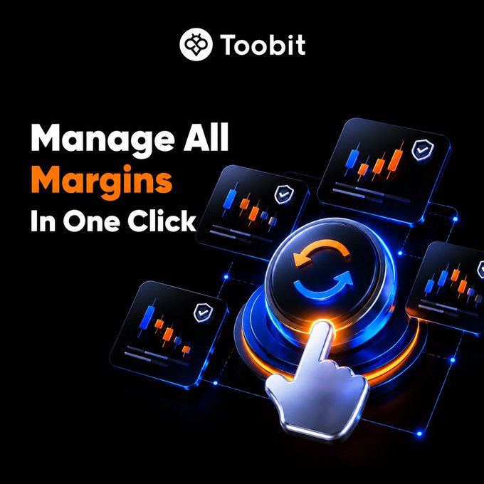 This is a promotional graphic for Toobit featuring the headline "Manage All Margins In One Click" alongside a 3D illustration of a hand pressing a glowing refresh button surrounded by candlestick chart icons, visually reinforcing the post's message about simplifying futures margin management across multiple positions.