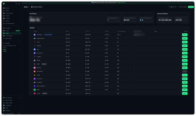 A DeFi staking portfolio dashboard (likely Cronos-based) displaying total value of $1,728,388,289, 207,129 total staked, and a ranked list of staked assets including Solana, Sei, Injective, Cronos, and others with APY details.