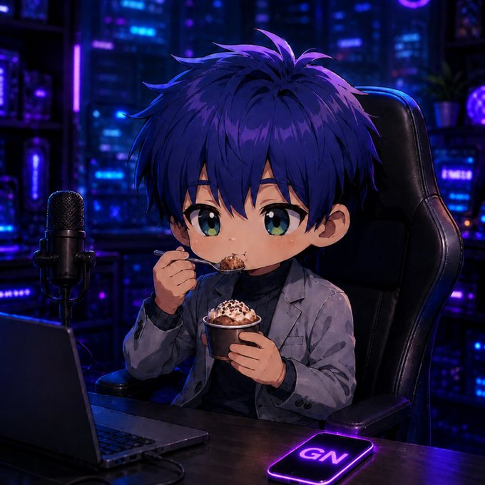 Anime-style illustration of a blue-haired character eating dessert at a desk with a microphone and laptop, with 'GN' displayed on a glowing sign in a purple-lit cyberpunk room.