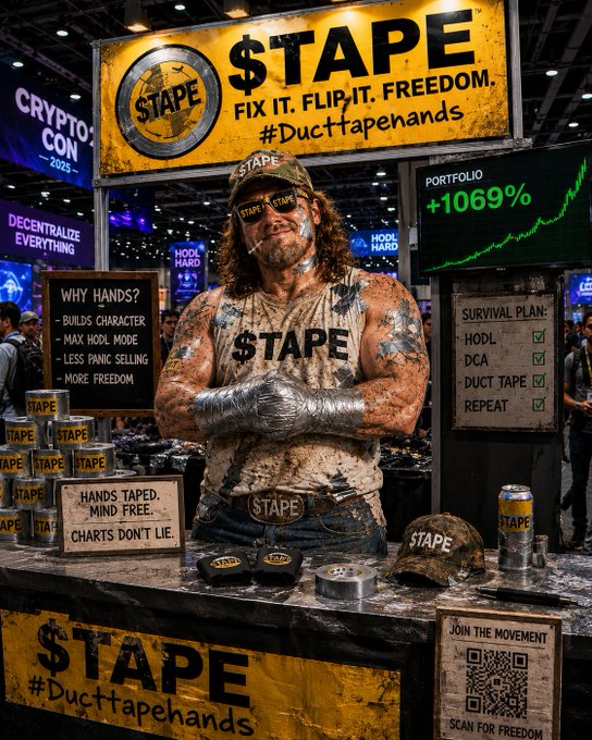 The image features a man with long hair, wearing a white shirt and sunglasses, standing behind a table covered with duct tape. The man has tattoos on his arms and is holding a sign that says "STAPE duct tape". There are other people in the background who appear to be attending an event or gathering.