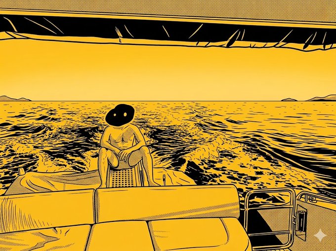 The image features a man sitting on a boat, wearing a black hat and sunglasses while looking out at the ocean. He appears to be enjoying his time on the water. The photo has been edited with a yellow filter, giving it a vintage or artistic feel. The caption below the image reads "#Binance $Cwoin szn soon".