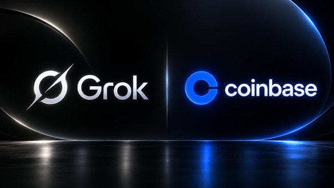 A graphic displaying the logos for 'Grok' and 'coinbase' side-by-side against a dark background with glowing blue accents.
