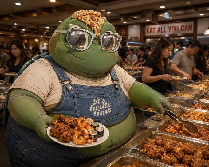 The image features a cartoon green turtle mascot standing behind a table filled with food, holding up plates of various dishes for people to enjoy. The turtle has sunglasses on its head and is wearing an apron over its torso. In the background, there are several people gathered around the buffet line, ready to serve themselves from the delicious spread.