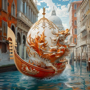 An ornate, egg-shaped decorative object with white and gold filigree designs and an orange/red base sits in a Venetian canal, with classical European architecture and a domed building in the background.