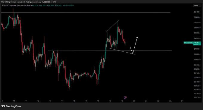 A TradingView 1H BTCUSD perpetual contract chart on August 19, 2026, showing Bitcoin at $64,243.31 with an annotated falling wedge/bearish flag pattern, where white arrows suggest an anticipated dip to the $63,950 support zone before a potential pump, aligning with the post's request for a "dip and pump."