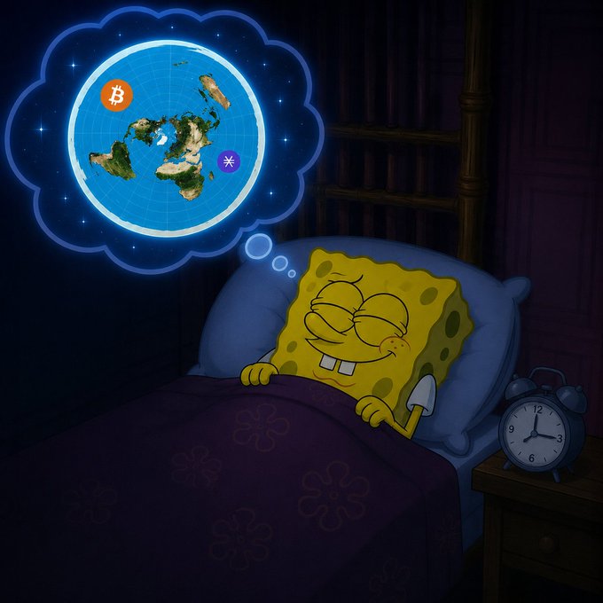 An illustration of SpongeBob SquarePants sleeping in bed, dreaming of a flat earth surrounded by cryptocurrency symbols like Bitcoin and Solana.
