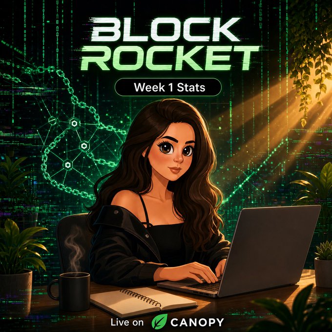 A digital illustration of a woman working on a laptop with text 'BLOCK ROCKET Week 1 Stats' and 'Live on CANOPY' at the bottom, set against a green matrix-style background.