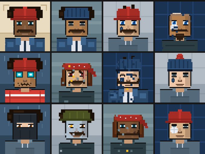 A grid of 12 pixel art character avatars featuring various designs, including different hats, hairstyles, and facial features.