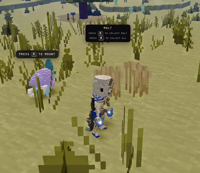 A voxel-style video game screenshot showing a skeletal character in a sandy environment with seaweed-like plants, an axolotl-like creature, and on-screen prompts to 'Press X to Mount' and press E/R to collect Malt.