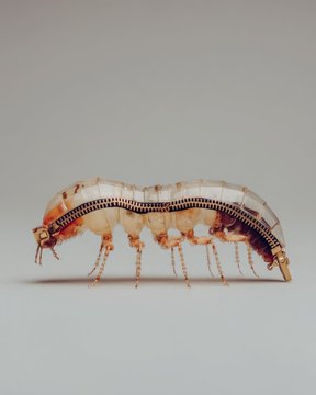 A close-up macro photograph of a larva or grub-like insect on a plain light background.