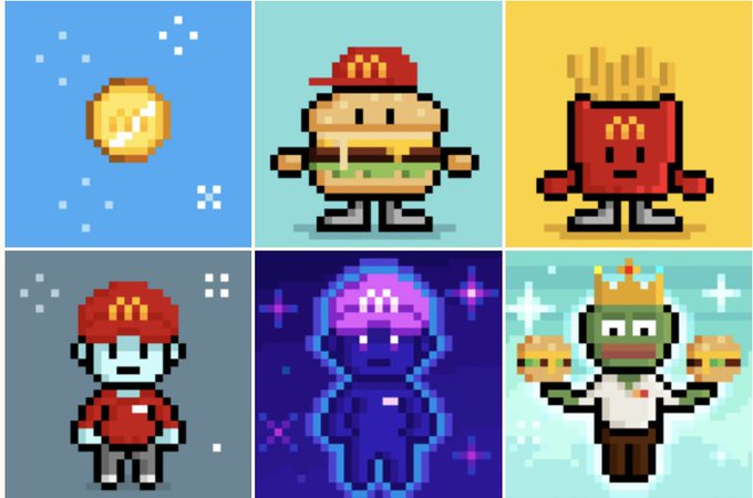A 2x3 grid of pixel-art characters and objects featuring McDonald's branding, including a golden coin, a hamburger-headed character with a red McDonald's cap, french fries with a face, and other anthropomorphic figures with the golden arches logo.