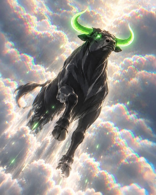 A powerful black bull with glowing green horns and eyes charges through vibrant, rainbow-hued clouds. The image's fierce, unstoppable energy and triumphant ascent align with the post's motivational message about believing in something, paired with the "$ANSEM" ticker to evoke conviction and bullish momentum.
