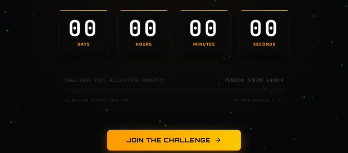 A dark countdown timer displays "00 DAYS, 00 HOURS, 00 MINUTES, 00 SECONDS" with "CHALLENGE POOL ALLOCATION PROGRESS" marked inactive, paired with an orange "JOIN THE CHALLENGE" button—reflecting the post's announcement that the mining season has ended and a new sprint is pending launch.
