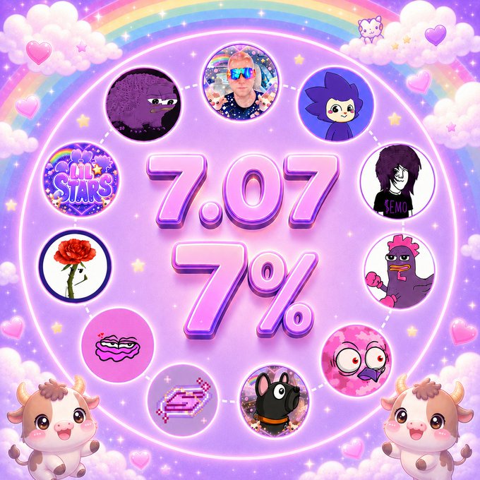 The image features a pink-themed graphic celebrating "7.07" with "7%" displayed in the center, surrounded by cute cartoon avatars, hearts, clouds, a rainbow, and pixelated characters, with cow mascots at the bottom corners. It visually promotes the 7% $JAMES airdrop to Monad DeFi users, traders, and NFT holders mentioned in the accompanying post.