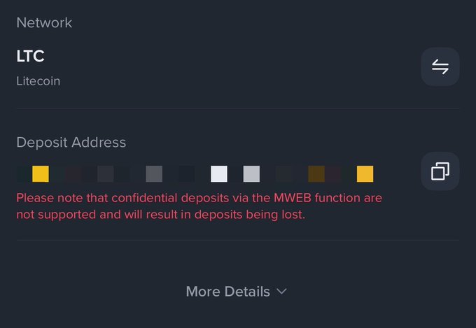 A dark-themed crypto wallet interface shows the selected Network as "LTC" (Litecoin) with a partially pixelated Deposit Address and a warning in red text that confidential deposits via the MWEB function are not supported.