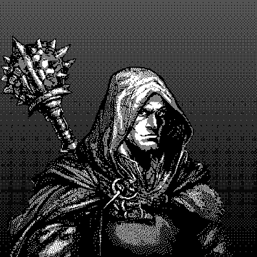 Pixel-art style black and white portrait of a hooded figure holding a spiked mace over their shoulder.