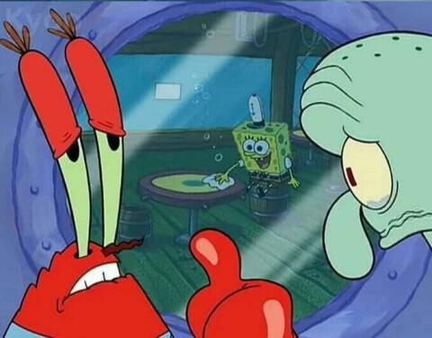 An underwater scene from SpongeBob SquarePants showing Mr. Krabs and Squidward peeking through a porthole at SpongeBob, who is cheerfully holding a spatula inside the Krusty Krab.