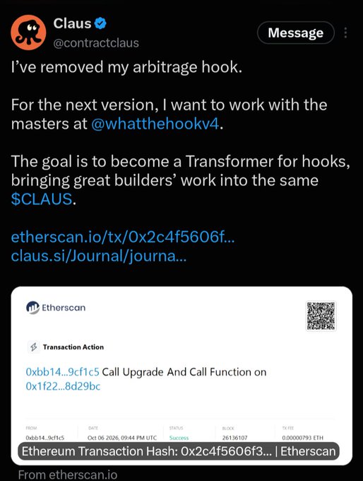 A screenshot of a tweet by "Claus (@contractclaus)" discussing the removal of an arbitrage hook and plans for a new version, including an Etherscan transaction link for "0xbb14...9cf1c5".