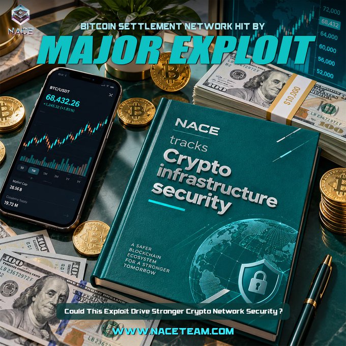 A promotional image for NACE featuring a smartphone displaying a BTC/USDT chart at $68,432.26, stacks of $50,000 cash, Bitcoin coins, and a book titled "NACE tracks Crypto infrastructure security," with the headline "Bitcoin Settlement Network Hit by Major Exploit" and the tagline "Could This Exploit Drive Stronger Crypto Network Security?" The image visually reinforces the post's message about a Bitcoin exploit and NACE's role in tracking crypto infrastructure security, set against the backdrop of financial assets to emphasize the real-world stakes of blockchain security.