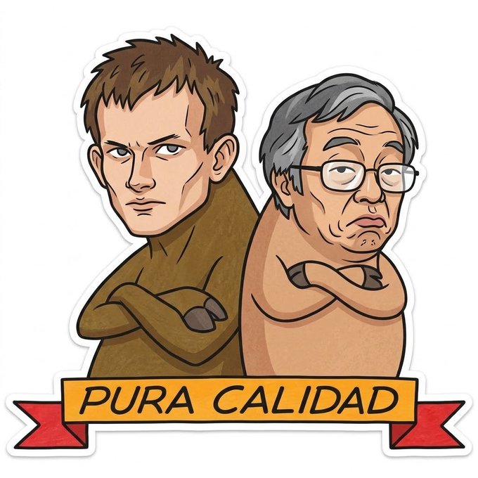 A cartoon sticker featuring two men sitting back-to-back with crossed arms above a yellow banner reading 'PURA CALIDAD' in Spanish.