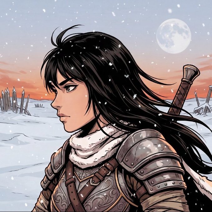 An illustrated side-profile portrait of a dark-haired warrior in armor with a fur collar, standing in a snowy landscape with swords planted in the ground and a full moon in the sky.