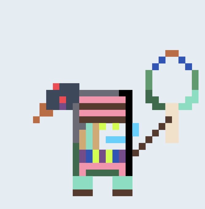 A simple pixel-art character with a colorful striped body and long beak holding a green and blue staff or mirror on a gray background.