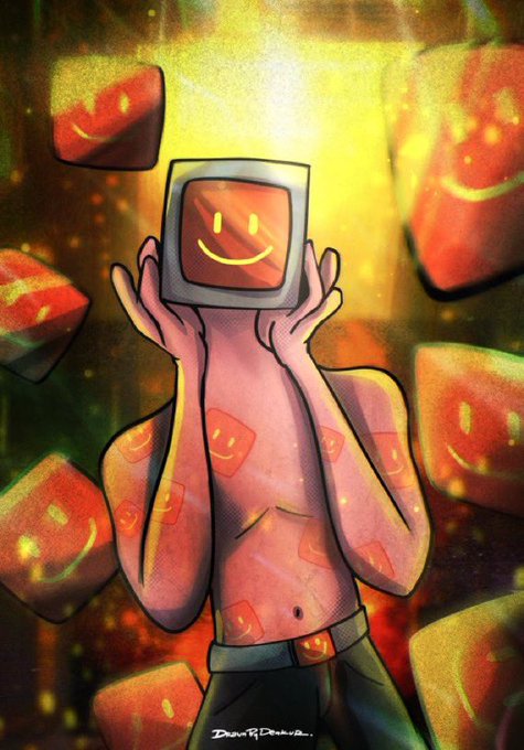 An artistic illustration shows a shirtless figure holding a CRT monitor displaying a smiley face in place of their head, surrounded by floating monitor faces in warm orange tones.