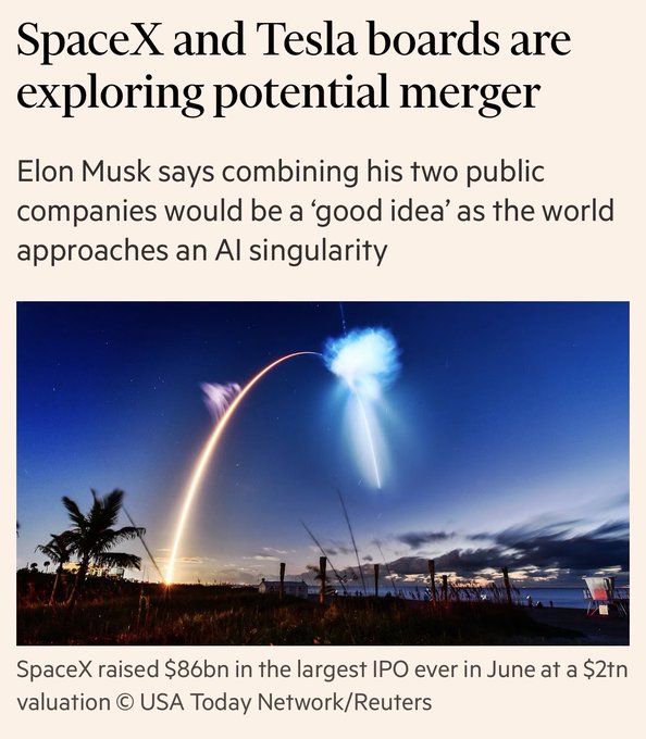A news-style image states “SpaceX and Tesla boards are exploring potential merger,” with a subheading about Elon Musk, AI singularity, and a caption saying SpaceX raised “$86bn” in a June IPO at a “$2tn valuation.”