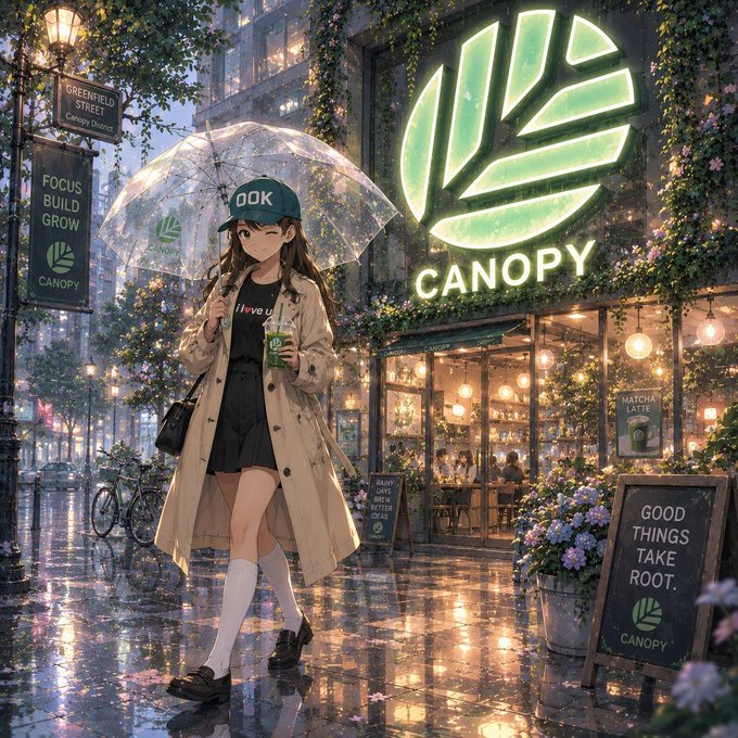 An anime-style illustration of a girl in a beige trench coat holding a clear umbrella outside a cafe named 'CANOPY', with signs reading 'GREENFIELD STREET', 'FOCUS BUILD GROW', and 'GOOD THINGS TAKE ROOT.'