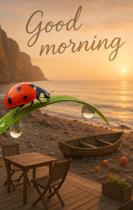 A 'Good morning' greeting image featuring a ladybug on a leaf with water droplets, overlooking a beach with a boat at sunset.