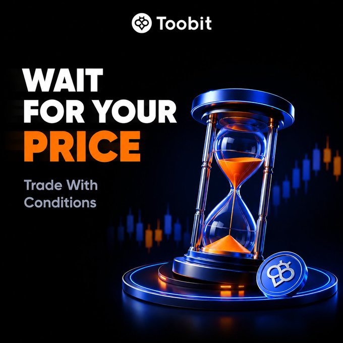 This Toobit graphic visually represents the idea of "Wait For Your Price" by showing an hourglass and a Bitcoin symbol, suggesting strategic timing in trading with conditions.