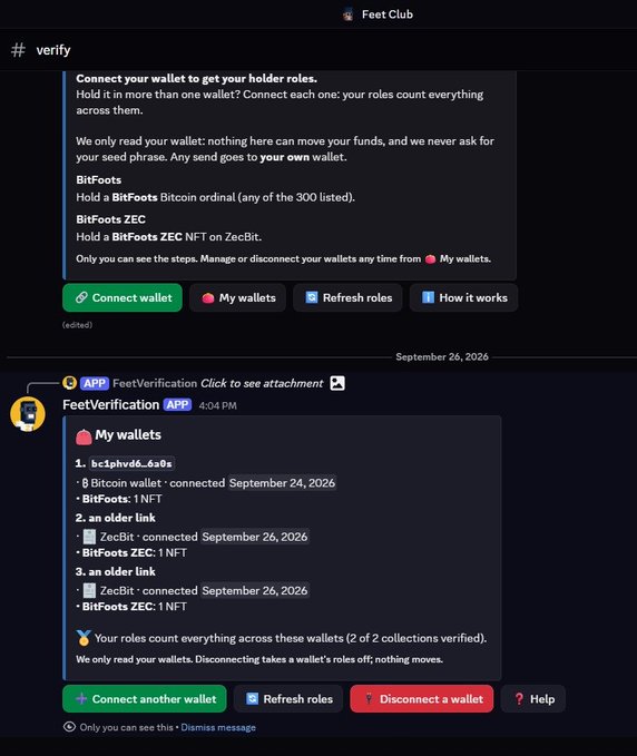 A Discord interface showing the "Feet Club" server's #verify channel, featuring a FeetVerification bot that displays "My wallets" with three connected wallets holding 8 Bitcoin and 2 BitFoots ZEC NFTs, demonstrating the bot's functionality as the first Zcash Discord verification bot that doesn't require wallet connection.
