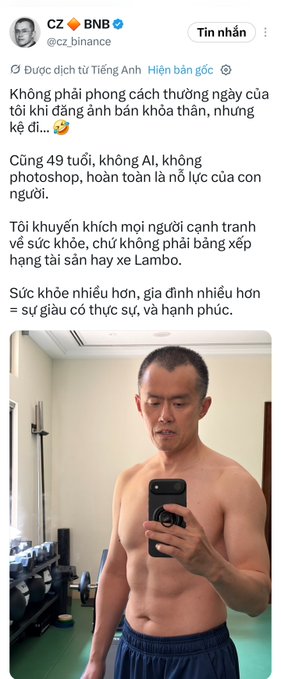 Screenshot of a Vietnamese-language tweet from CZ Binance (@cz_binance) about his fitness and advice for competition, accompanied by the same shirtless gym mirror selfie from the third image.