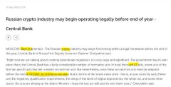 A news article titled "Russian crypto industry may begin operating legally before end of year" from Central Bank (moscowtimes.ru) is shown. The article discusses Russia's evolving stance on cryptocurrency regulation, which contrasts with the post's bullish price prediction for XRP ($XRP) targeting $160–180 after breaking through $129.