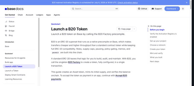 A screenshot of the basedocs documentation website showing a guide titled 'Launch a B20 Token' with a blue navigation header and a sidebar menu.
