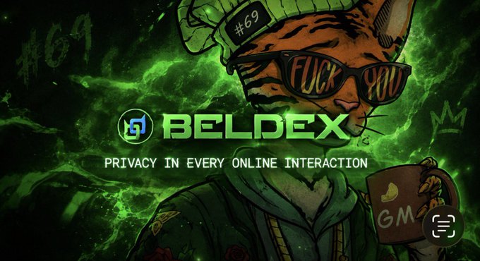 The image features an illustration of a tiger wearing sunglasses that say "FUCK YOU" and a beanie labeled "#69," holding a mug marked "GM," with the "BELDEX" logo and tagline "PRIVACY IN EVERY ONLINE INTERACTION" displayed against a green smoky background. It ties to the post by visually reinforcing the idea of needing true online anonymity beyond standard incognito mode—highlighting Beldex's focus on privacy in online interactions.